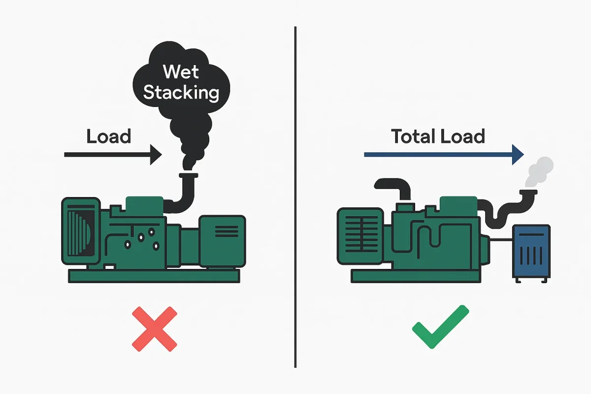 مقایسه دو حالت باردهی ژنراتور؛ سمت چپ با بار ناکافی و دود سیاه، سمت راست با بار کامل و عملکرد بدون آلودگی